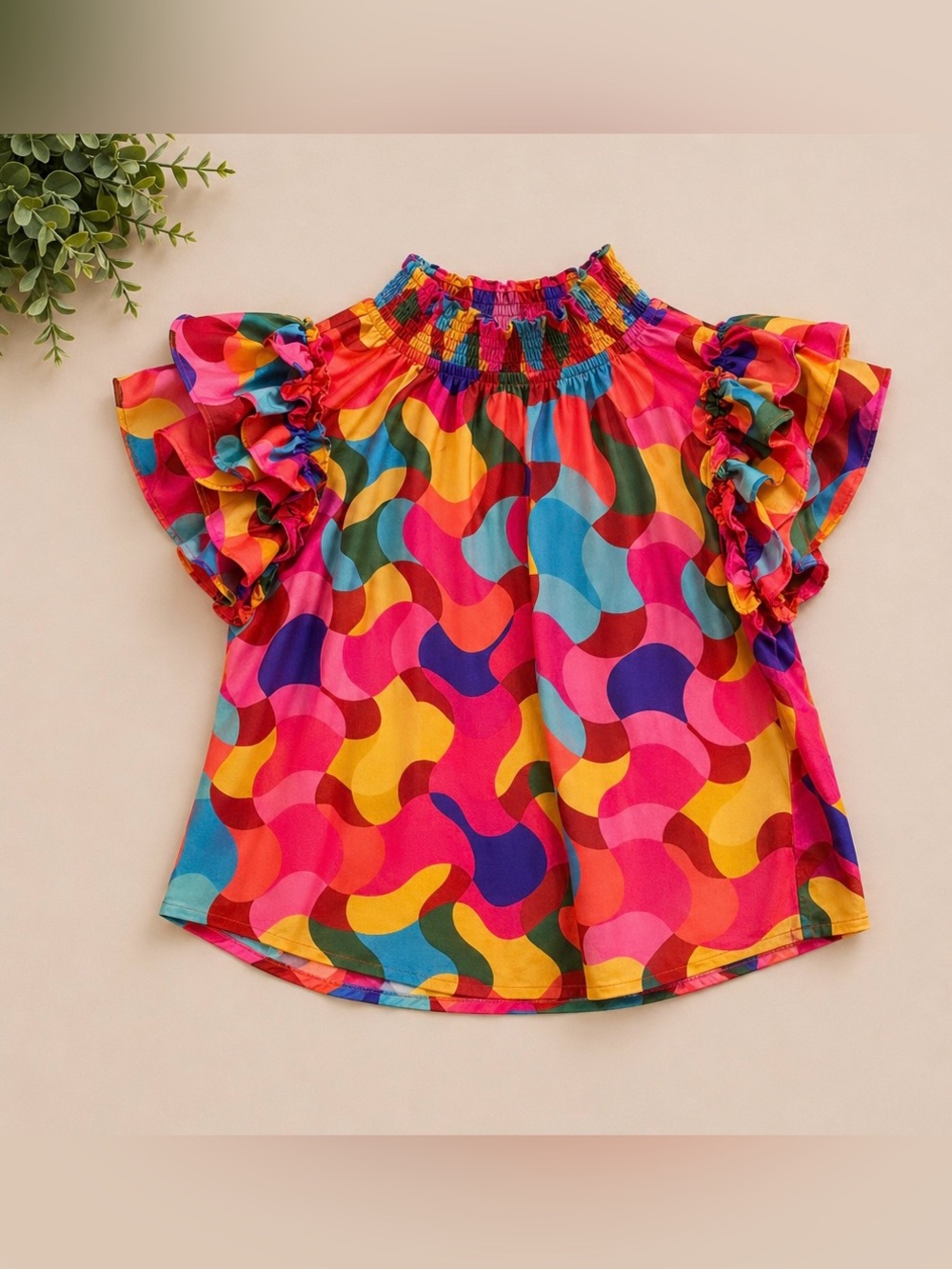 Colorful Abstract Wave Print Ruffle Sleeve Blouse | Smocked Neck Boho Top